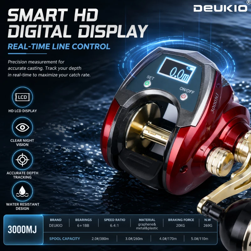Electric Fishing Reel - DEUKIO デジタルディスプレイ ベイトキャスティングリール 6.4:1 20KG マックスドラグ