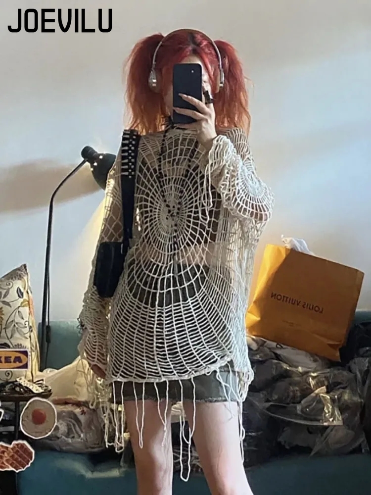 Fishing Equipment Net - Jogevilu-女性の中空ニットフード付きトップス、ゴシックスパイダーウェブセーター、女性の韓国のファッション、フィッシングネットブラウス、ババメッシュ